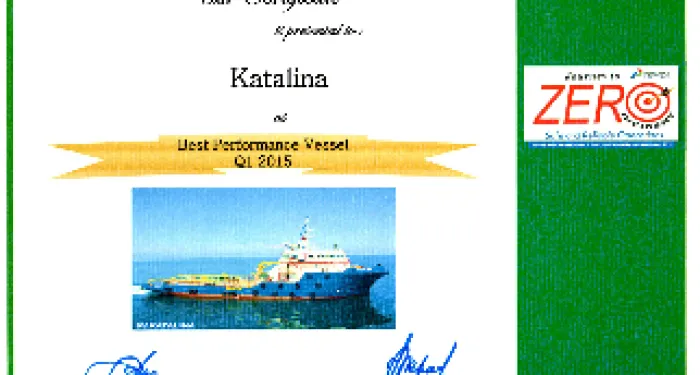 News SV. Katalina was  awarded  “ Best Performing Vessel of Quarter 1 of 2015 ” by PHE ONWJ 6